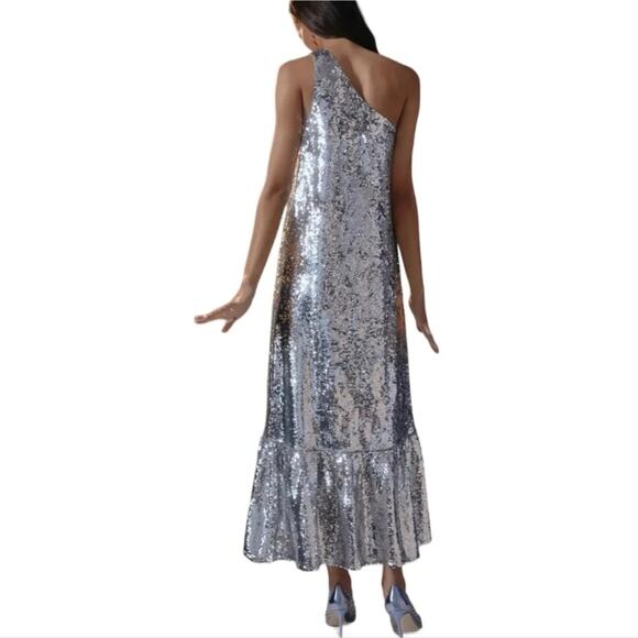Anthropologie x Maeve One Off The Shoulder Silver Sequin Trumpet Dress Size XL - Picture 3 of 16